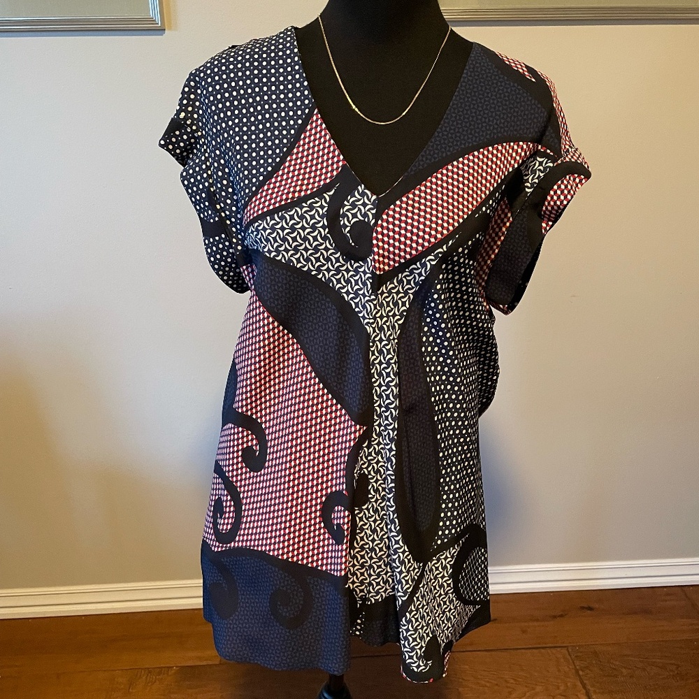 Blue/red/black patterned silk blouse by Theory, size L